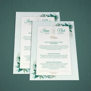 Wedding Table Menu in Soft Green and Light Beige Tones