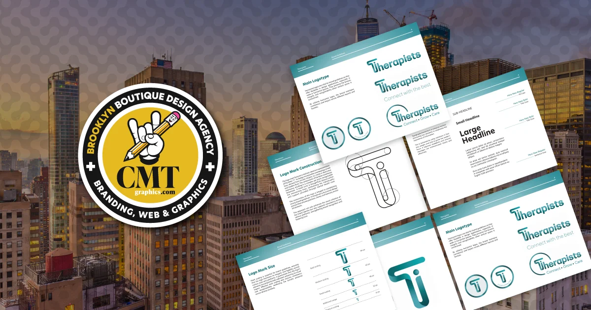 Image showing Manhattan as background, CMT Graphics LLC logo and a sample of brand style guide related with their branding services. Affordable Corporate Identity in Brooklyn and NYC