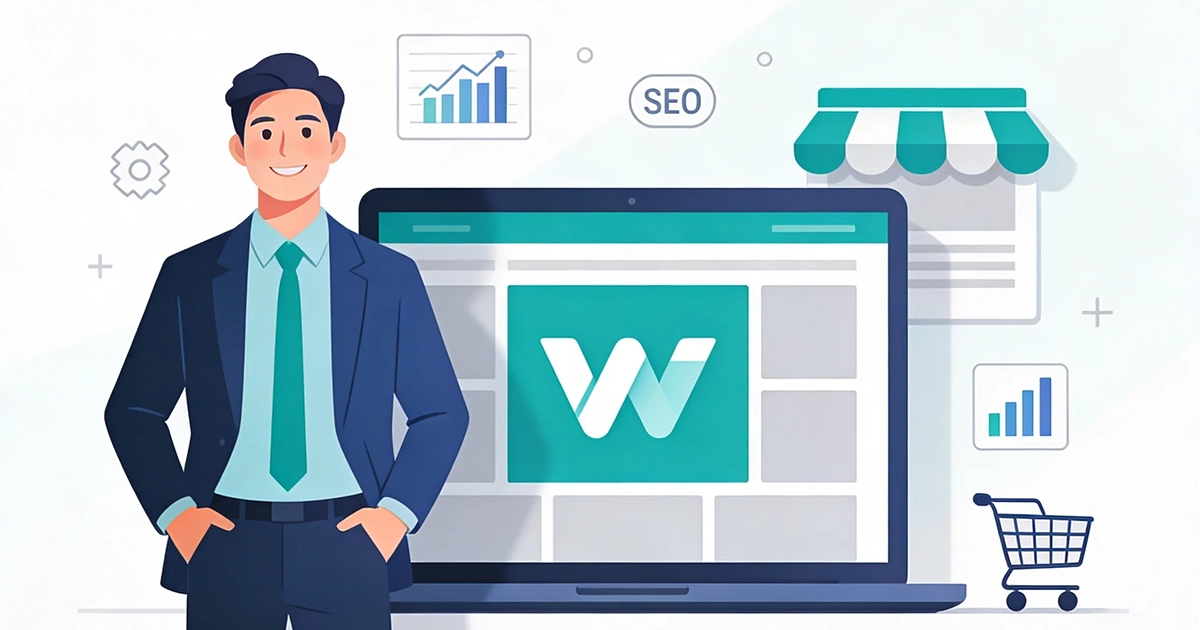 WordPress for Business featured illustrated image with a business man in front of a monitor showing WordPress dashboard.