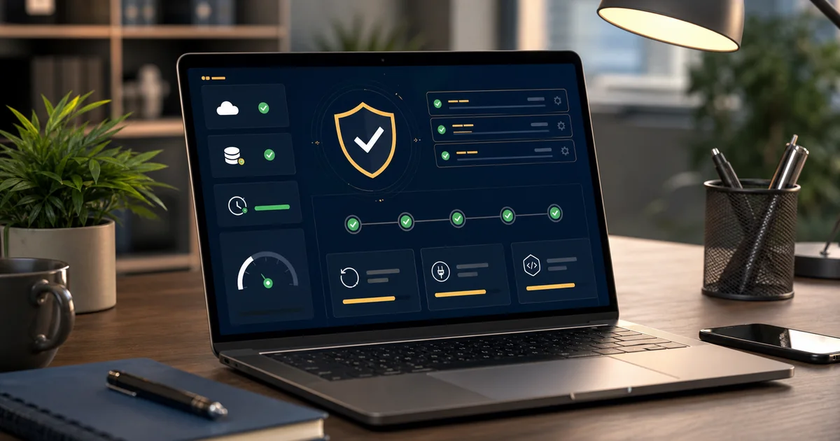 WordPress security and performance dashboard illustration on a laptop