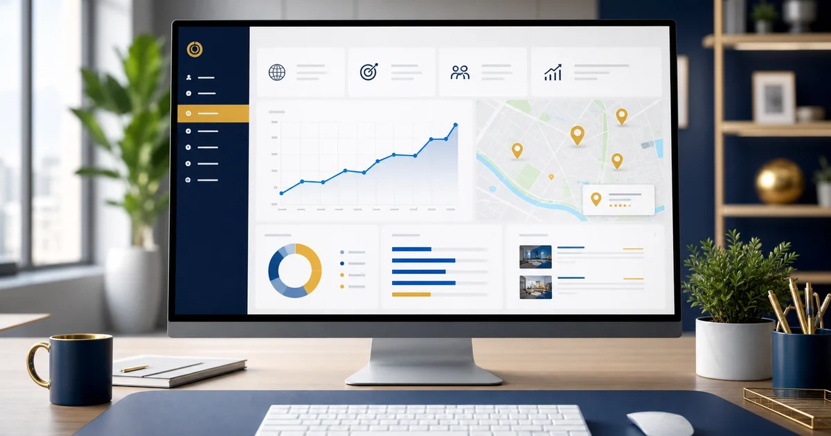 WordPress SEO growth dashboard illustration with local visibility charts and performance metrics