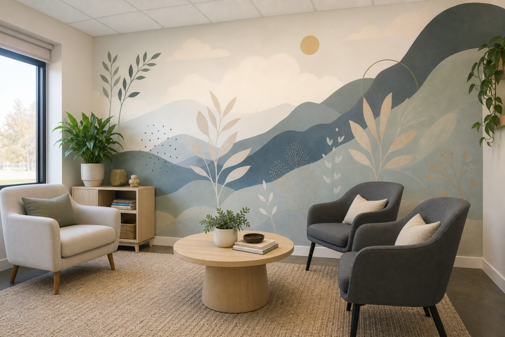 Calming therapy office with a hand painted wall mural